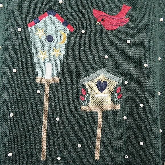 Vtg 90s CJ Banks Sweater Vest Women 1X Knit Bird Houses Green Beads Spring Fall - Picture 6 of 11